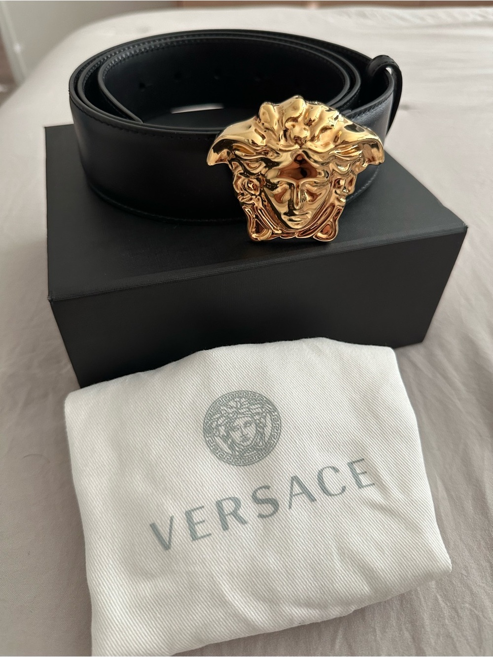 Versace Black Leather Belt with Gold Medusa Buckle